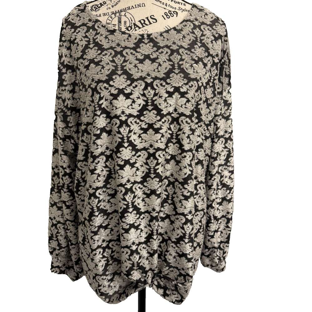 Ruby Rd Women’s Long Sleeve Drop Shoulder Blouse 2XL Black & Ivory Embroidery